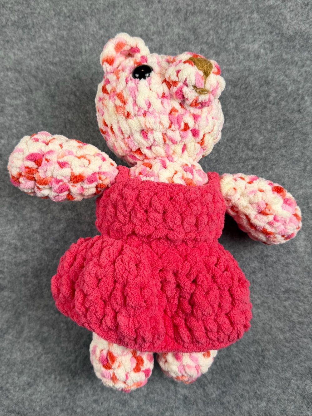 Handmade Crochet Teddy Bear Plush Amigurumi Pink Dress 11” Chenille Yarn